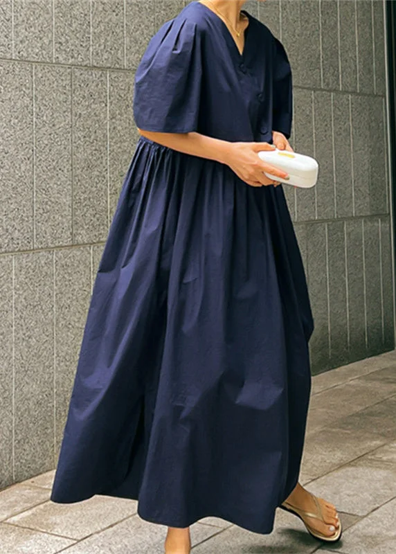 maxi dresses for special occasionsLoose Navy V Neck Wrinkled Button Cotton Maxi Dresses Short Sleeve