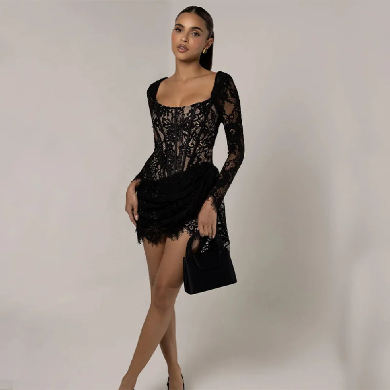 wide-leg Mimi dresses for a flattering fitSquare Collar Long Sleeve Lace Mini Dress ZNSBA1246