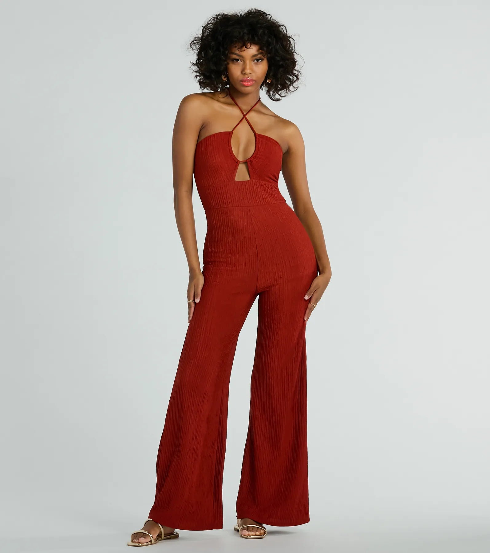 women's high-slit jumpsuitsSunny Energy Halter Cut Out Wide Leg Jumpsuit