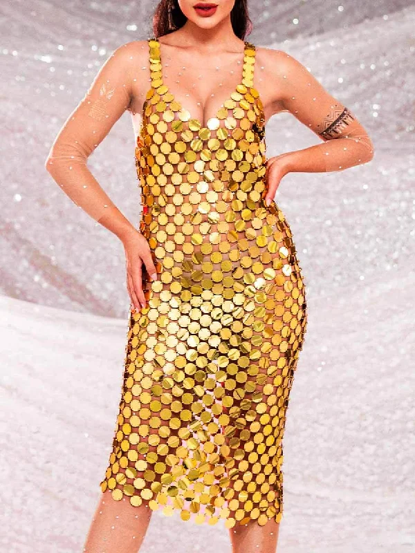 long-sleeved midi dressesGold Midi Sequin Dress - Backless Gold Sequin Gown