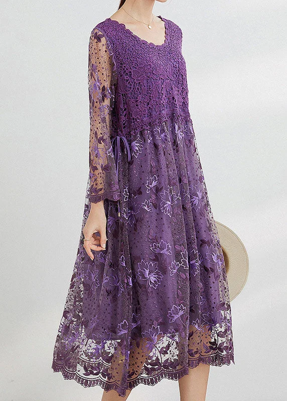 maxi dresses for bridesmaidsPurple Hollow Out Lace Patchwork Maxi Dresses O Neck Spring