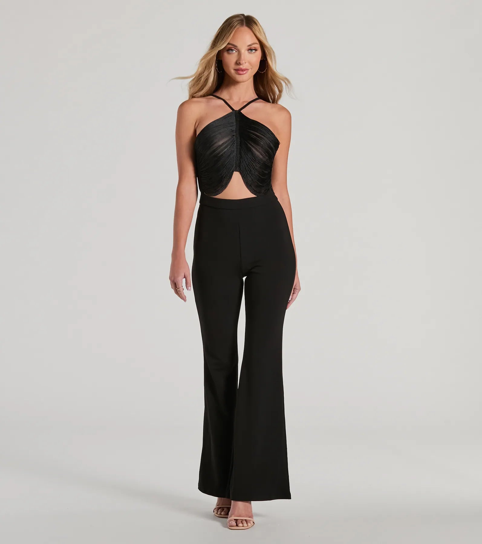 women's jumpsuits with metallic finishesStep Up Draped Fringe Halter Cutout Jumpsuit