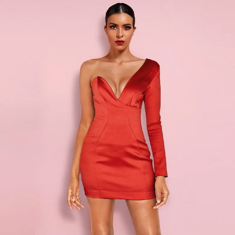 casual Mimi dresses onlineOne Shoulder Long Sleeve Asymmetrical Mini Bodycon Dress HI1118