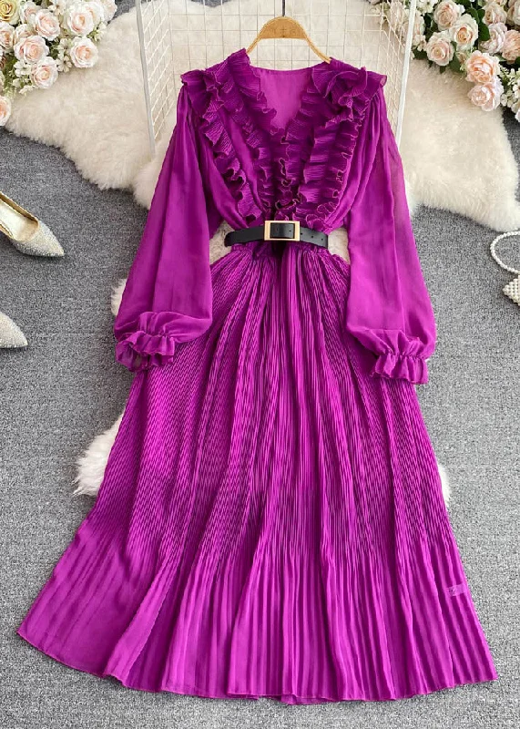 maxi dresses for formal eventsCute Purple V Neck Ruffled Tunic Sashes Maxi Dress Puff Sleeve