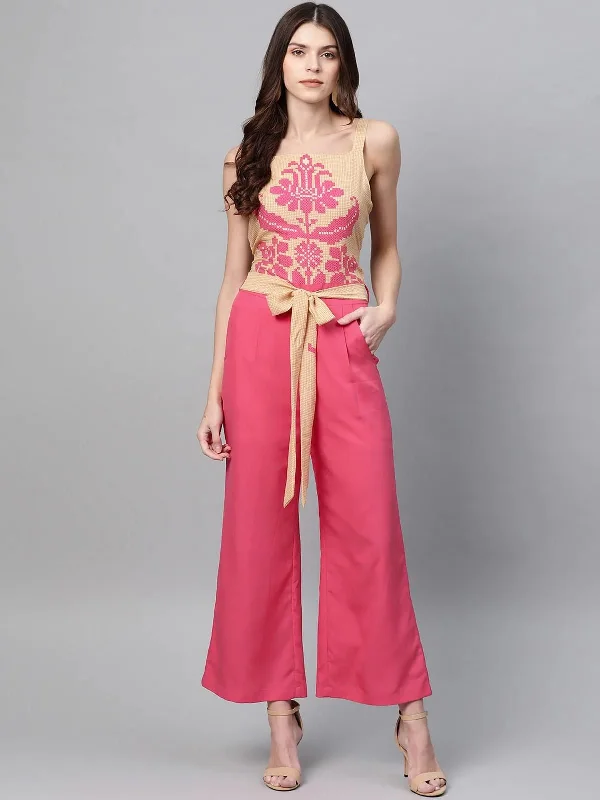 women's jumpsuits for glamorous eveningsPANNKH Pink Printed Yoke Jumpsuit