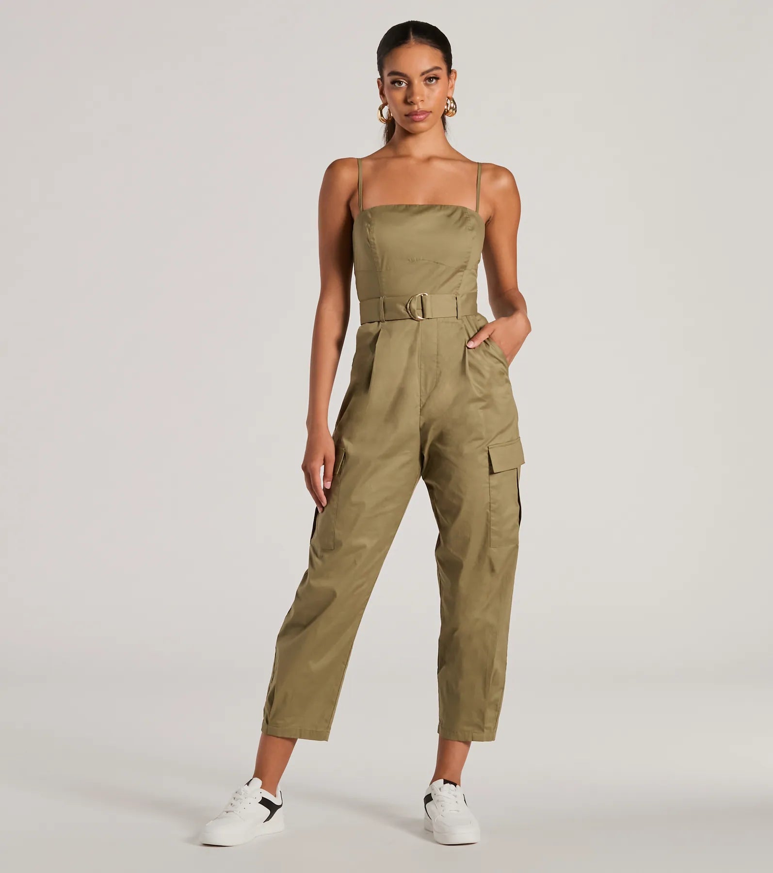 women's jumpsuits with pastel huesSocial Outing Sleeveless Belted Cargo Crop Jumpsuit