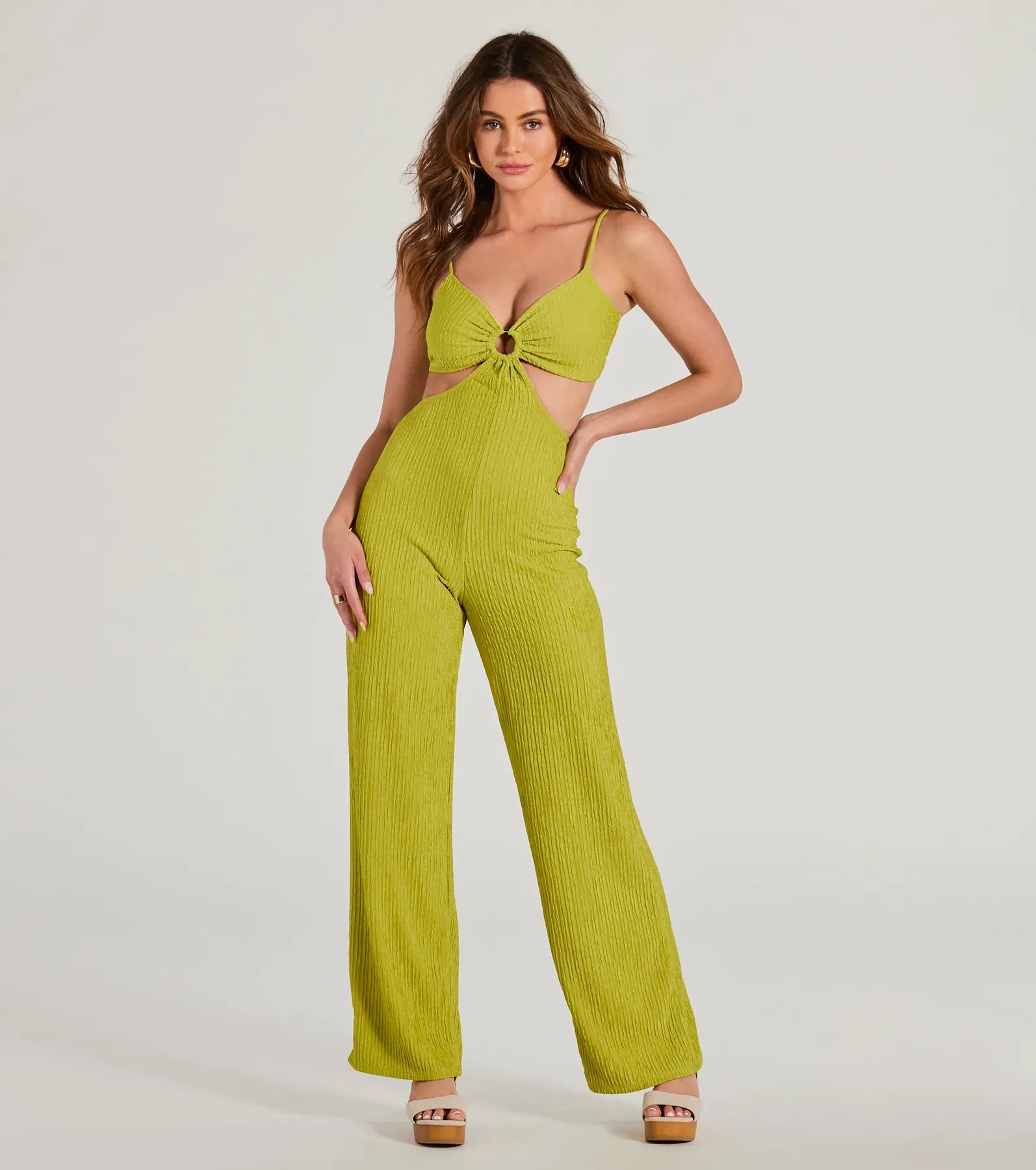 women's jumpsuits with checkered designsFlawless Vibes V-Neck Cutout Wide-Leg Jumpsuit