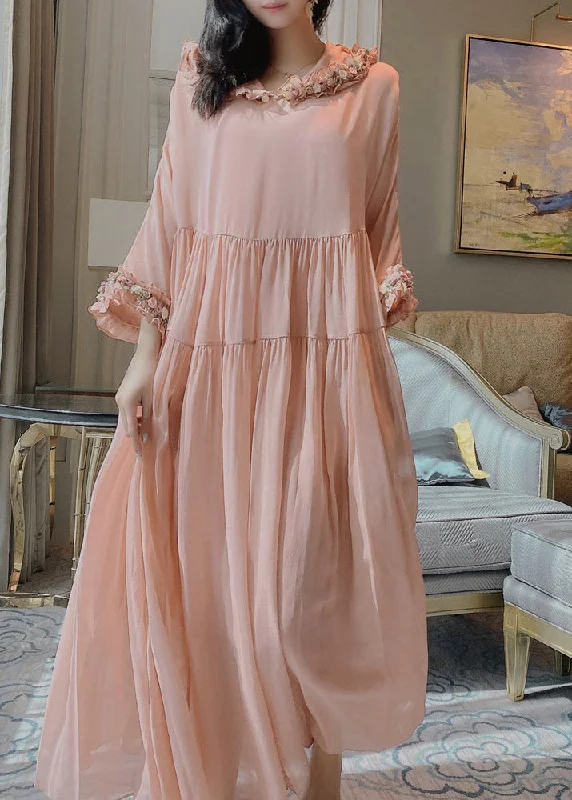 maxi dresses with A-line silhouettesSimple Pink Floral Wrinkled Hoold Silk Maxi Dresses Flare Sleeve