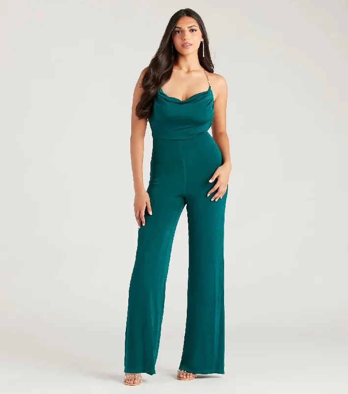 women's jumpsuits for pear-shaped bodiesEdgy Perfection Chain Strap Cowl Neck Jumpsuit