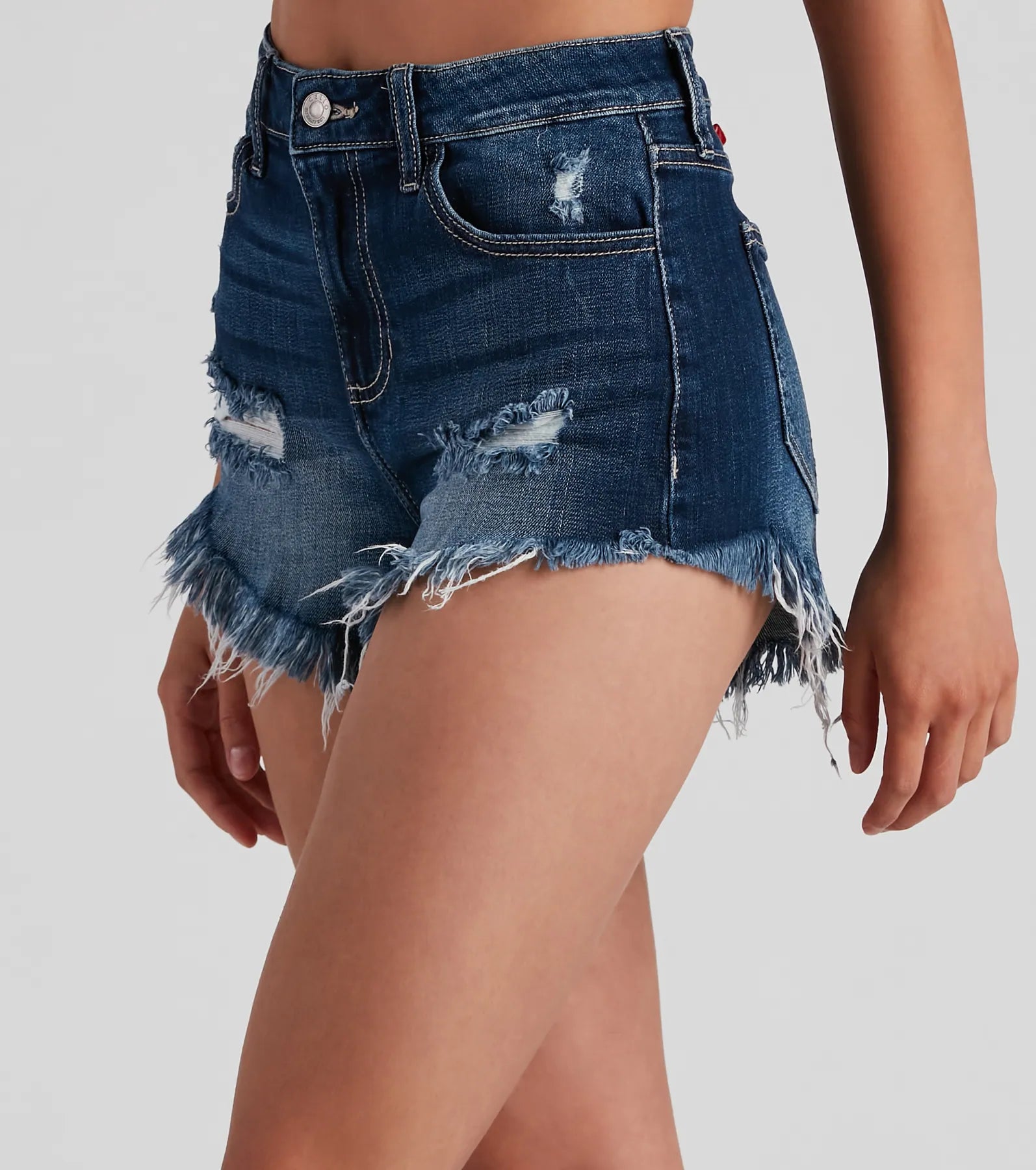 women's workout shortsOn Edge High Rise Fray Denim Shorts