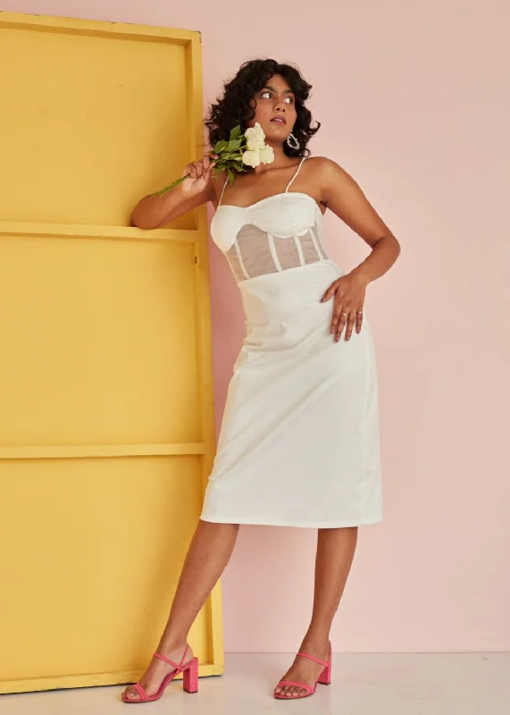 midi dresses with spaghetti strapsSaphiana White Corset Midi Dress