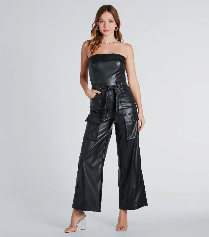 women's jumpsuits for maternity wearServing Chic Style Faux Leather Belted Jumpsuit