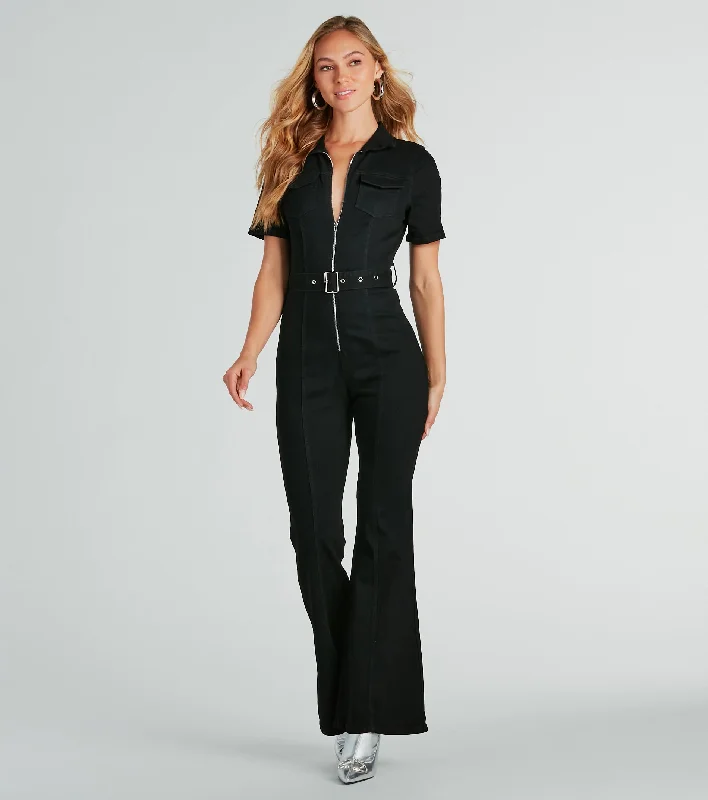 women's jumpsuits for casual gatheringsRevamped Retro Belted Flare Denim Jumpsuit