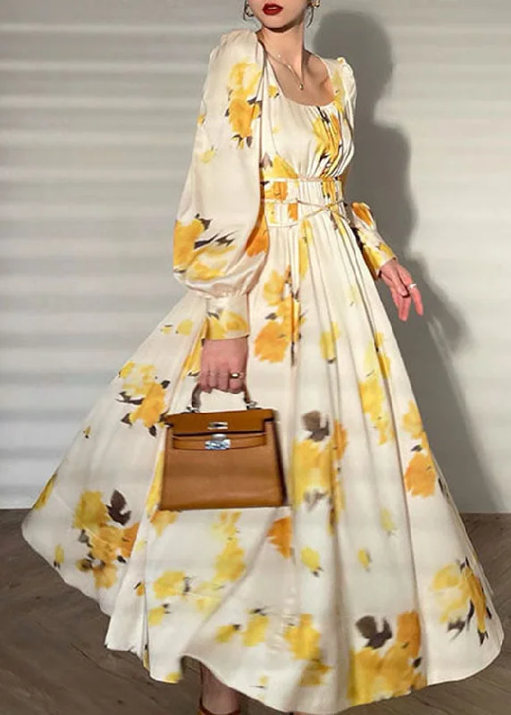 maxi dresses for day-to-night wearFrench Yellow Print Square Collar Exra Large Hem Silk Maxi Dresses Long Sleeve