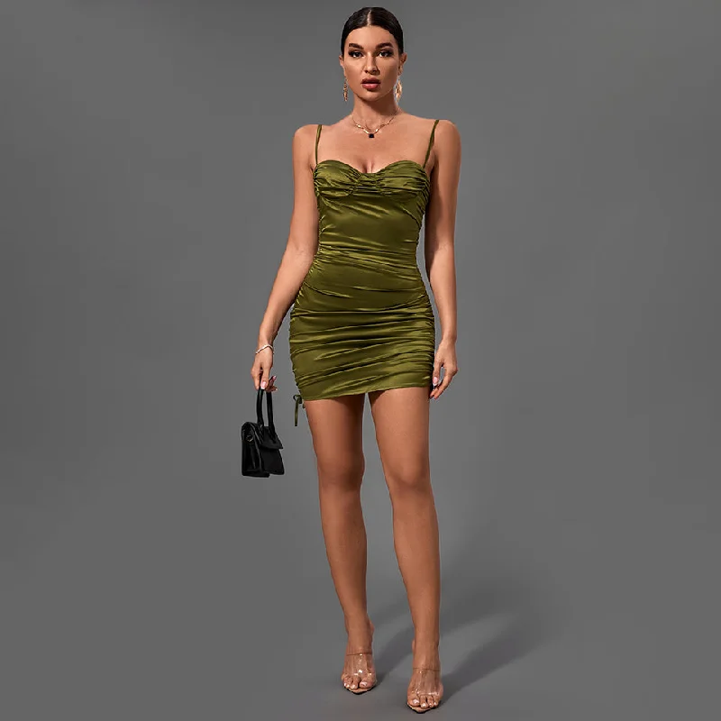 high-slit Mimi dresses for a bold lookGreen Strappy Sleeveless Wrinkled Mini Bodycon Dress FP21431