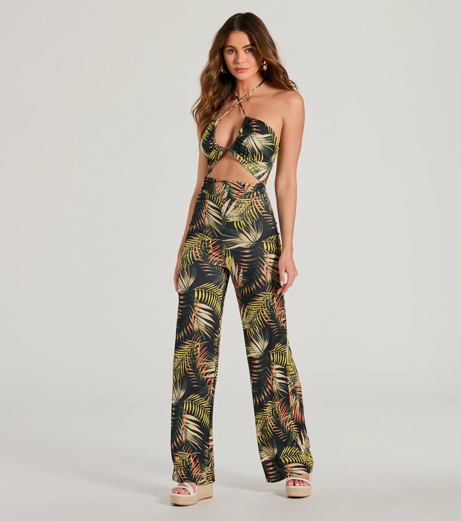 women's jumpsuits with spaghetti strapsTropical Cutie Halter Cutout Wide-Leg Jumpsuit