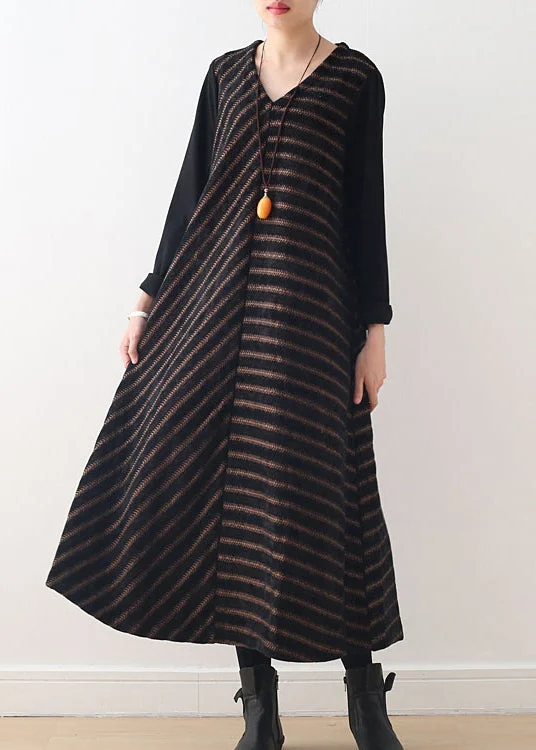 maxi dresses with cap sleevesSimple Chocolate V Neck Striped Woolen Maxi Dresses Fall