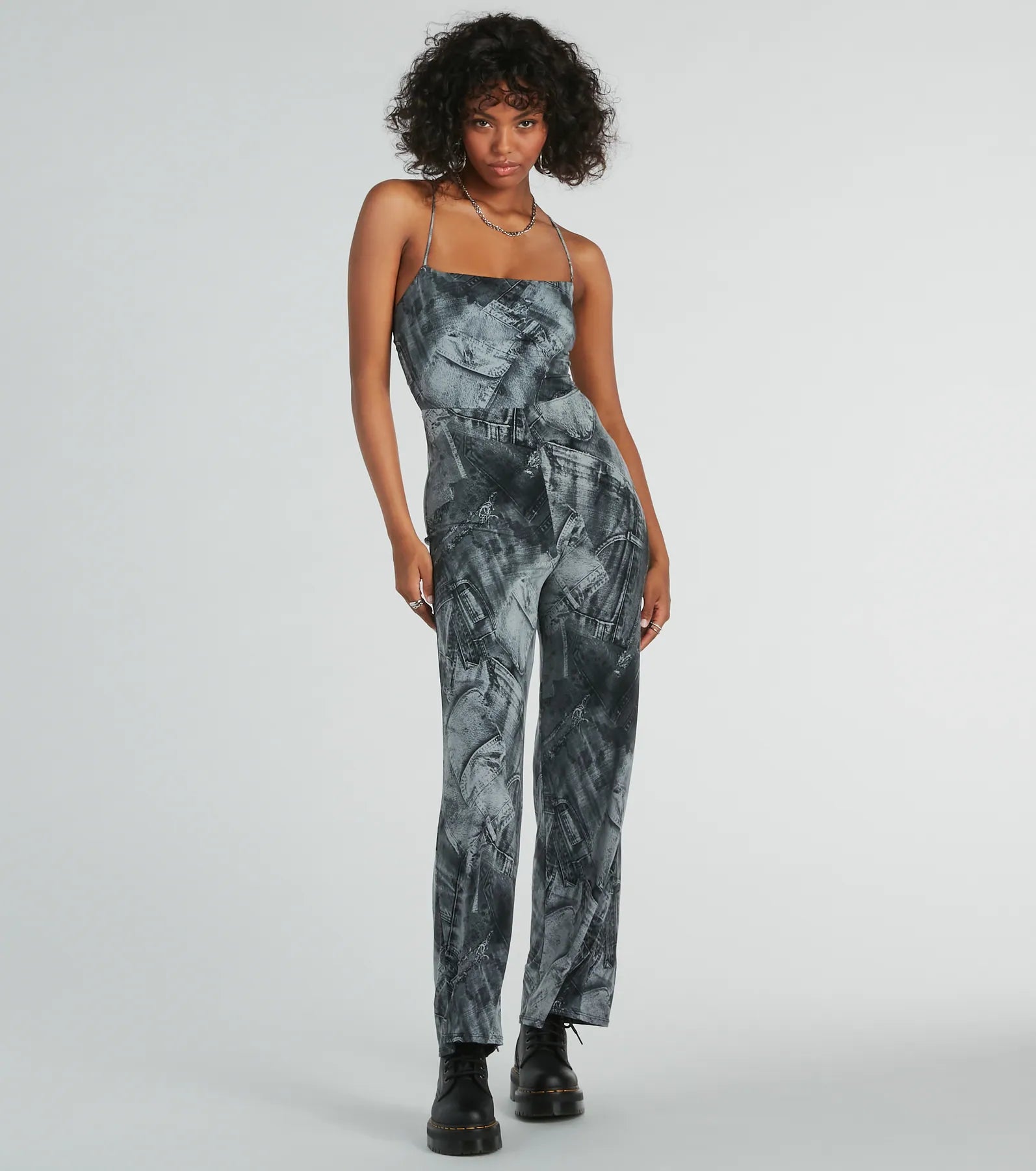 women's jumpsuits with solid colorsGot Em' Tripping Lace-Up Denim Print Jumpsuit