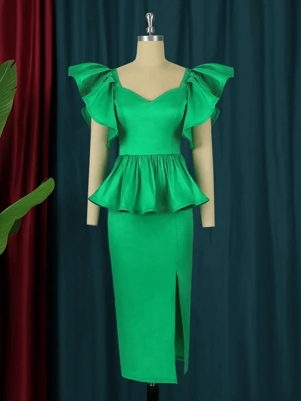 elegant evening midi dressesAOMEI Green Midi Peplum Ruffles Shiny Dress