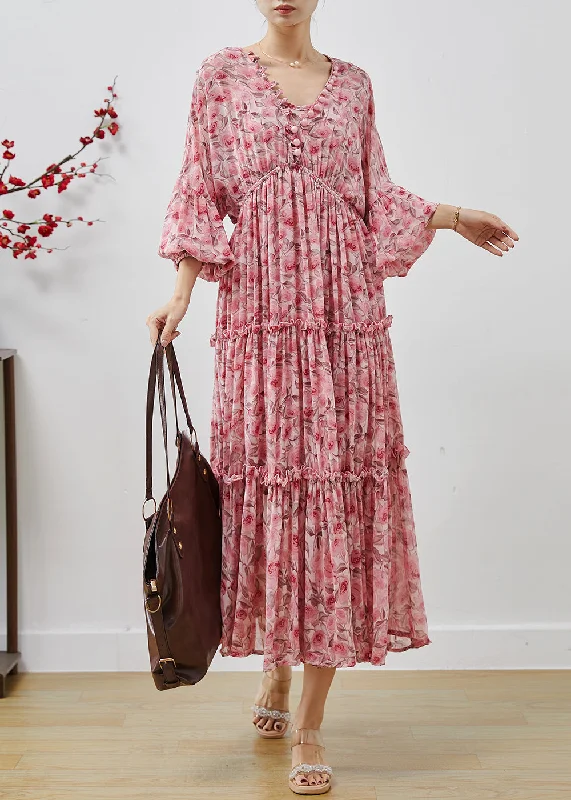 maxi dresses with sequined detailsBohemian Pink Ruffled Print Chiffon Maxi Dresses Lantern Sleeve