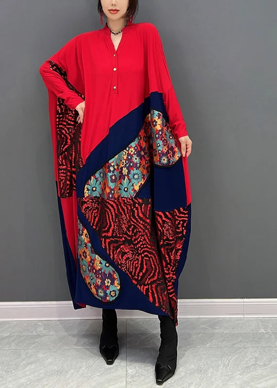 maxi dresses with lace overlaysLoose Red V Neck Print Patchwork Button Maxi Dresses Fall