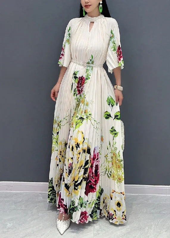 floral maxi dressesStylish White Stand Collar Print Maxi Dresses Half Sleeve