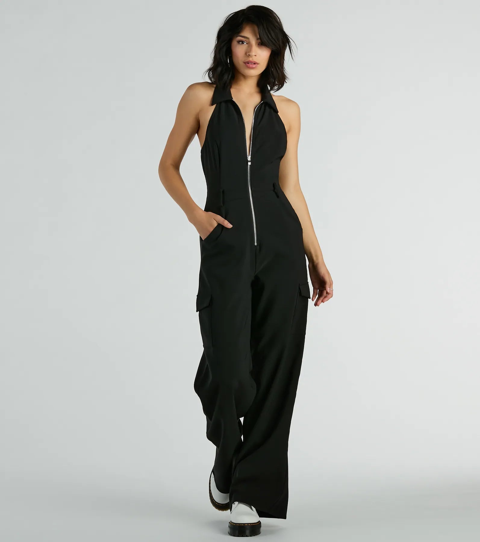 women's jumpsuits with buttonsTrendsetting Babe Collared Zip-Front Cargo Jumpsuit