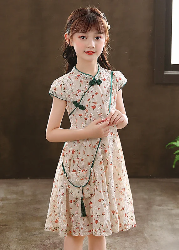 maxi dresses with pockets2024 New Green Stand Collar Print Girls Maxi Dresses Short Sleeve