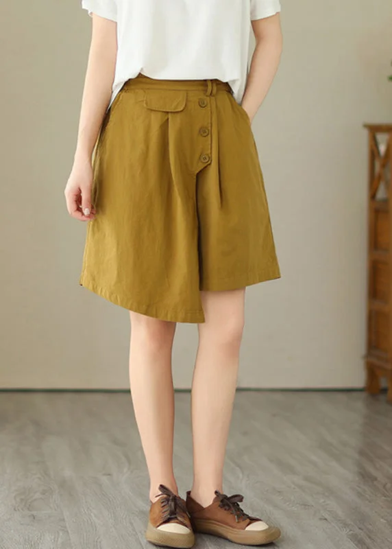 women's designer shortsYellow Asymmetrical Button Wide Leg Shorts