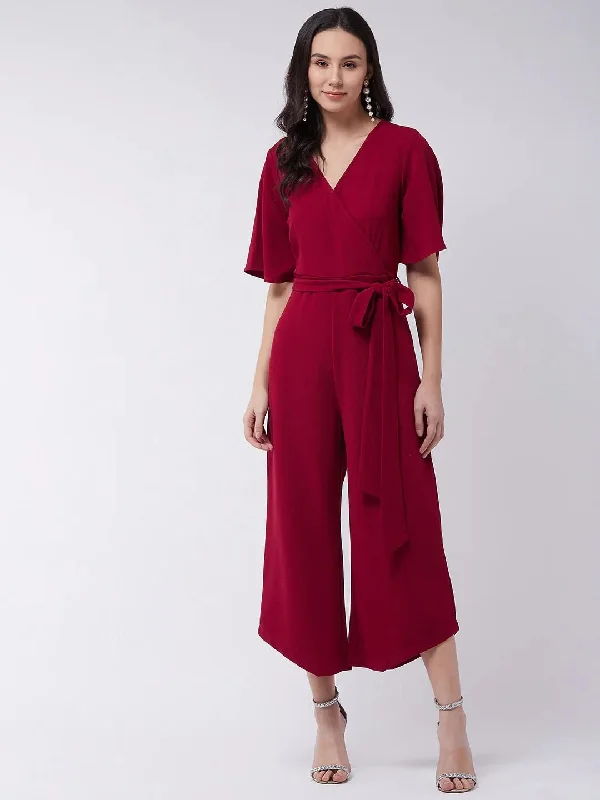 women's jumpsuits for short womenPANNKH Red Solid Overlap Jumpsuit