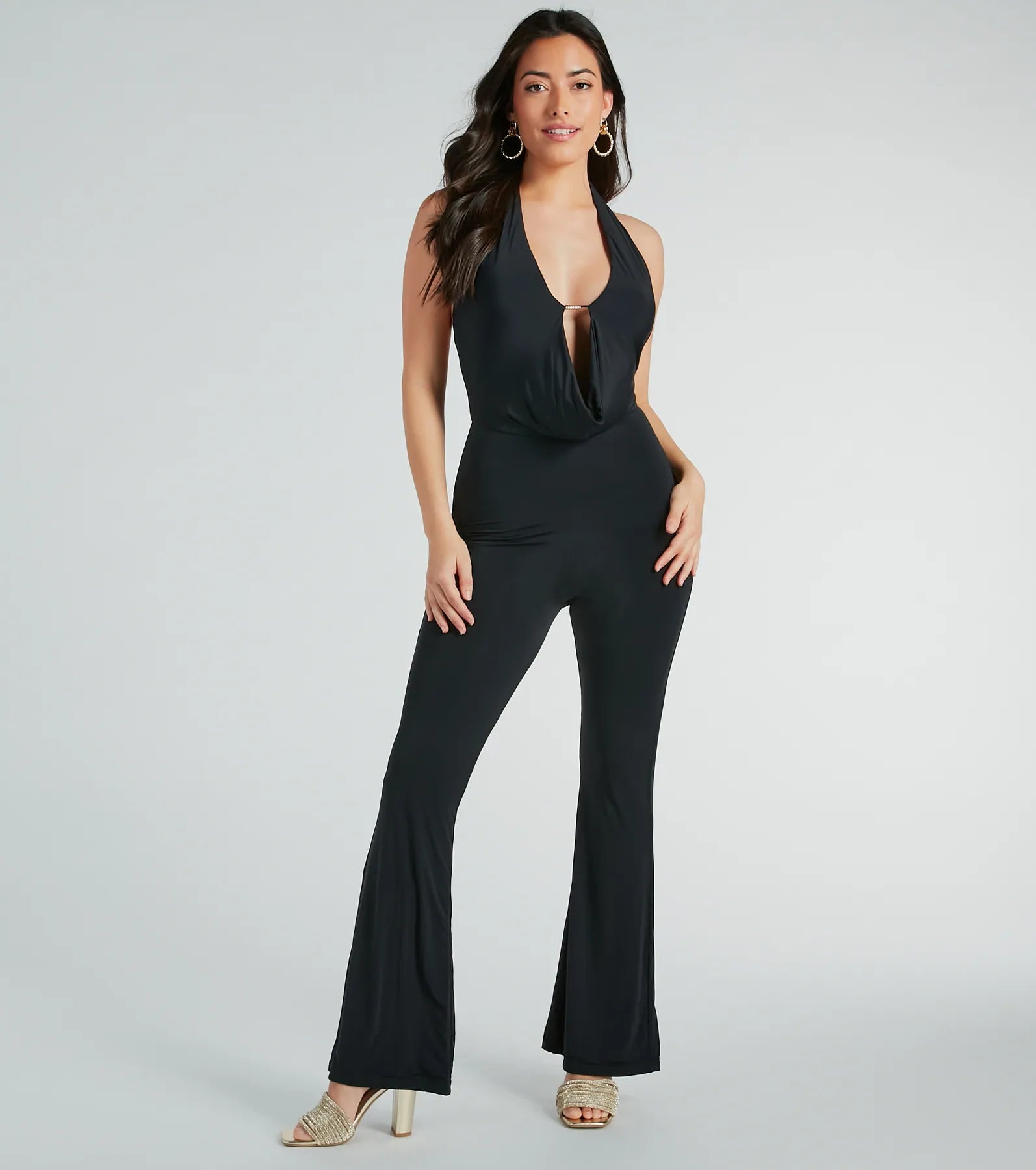 women's jumpsuits with self-ties at the waistLooking Sleek Halter Plunging Knit Jumpsuit