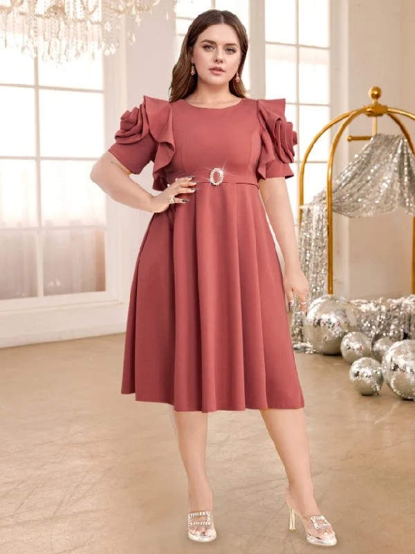 waist-cinching midi dressesAOMEIDRESS 3D Flower Sleeve Midi Dress O Neck High Waist Cameo Brown