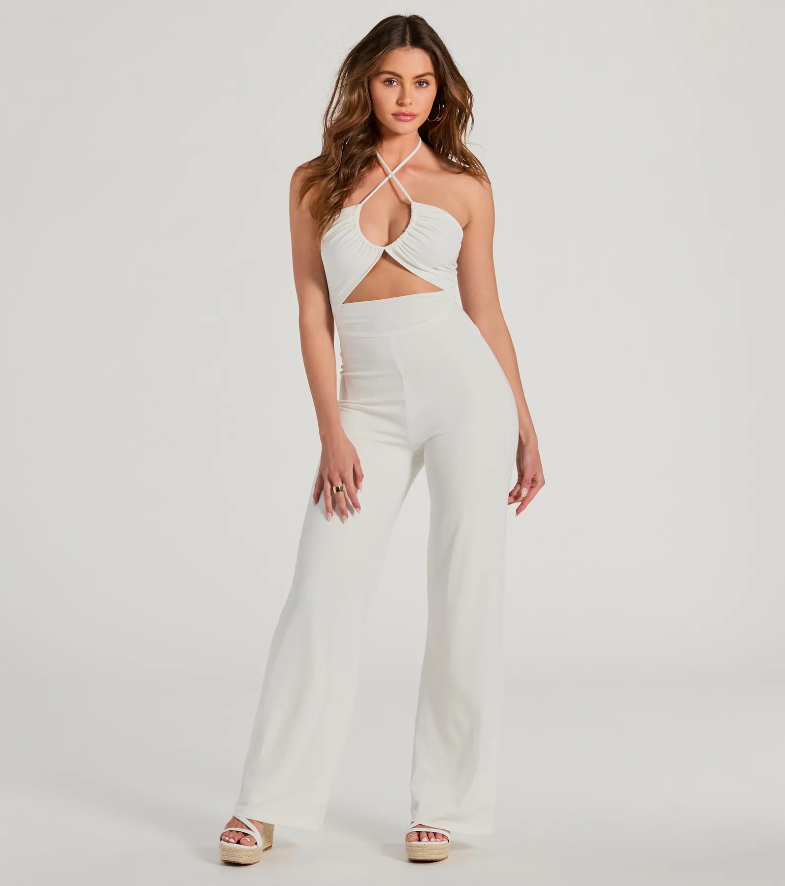 women's chic jumpsuitsSultry Style Halter Cutout Wide-Leg Jumpsuit