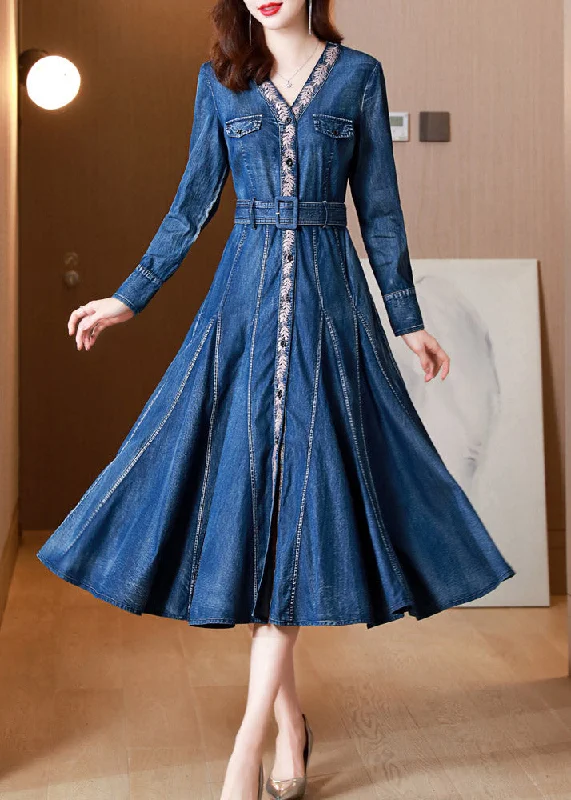 maxi dresses for special occasionsCasual Blue V Neck Print Button Sashes Silk Denim Maxi Dresses Long Sleeve