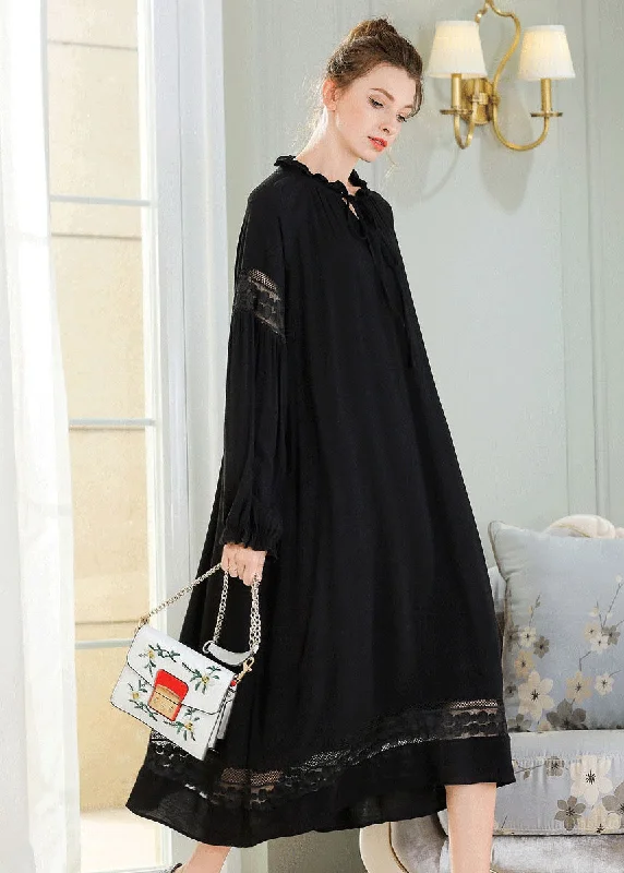 maxi dresses with high necklinesFrench Black Ruffled Lace Patchwork Cotton Maxi Dress Spring