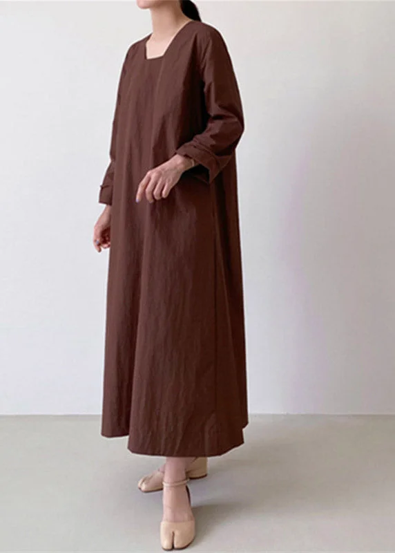 maxi dresses under $100Light Brown Square Collar Linen Maxi Dress Long Sleeve