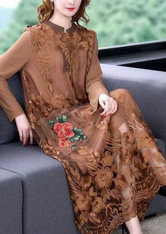 maxi dresses with long sleevesChocolate Tulle Maxi Dress O-Neck Embroideried Spring