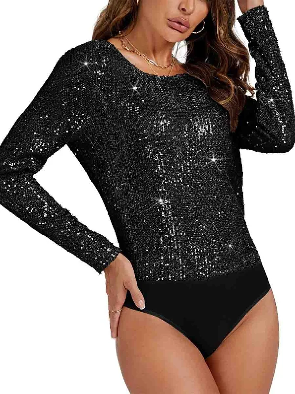 women's long sleeve tops with body-hugging silhouettesDraped Cowl Crew Neck Long Sleeve Black Sequin Bodysuit