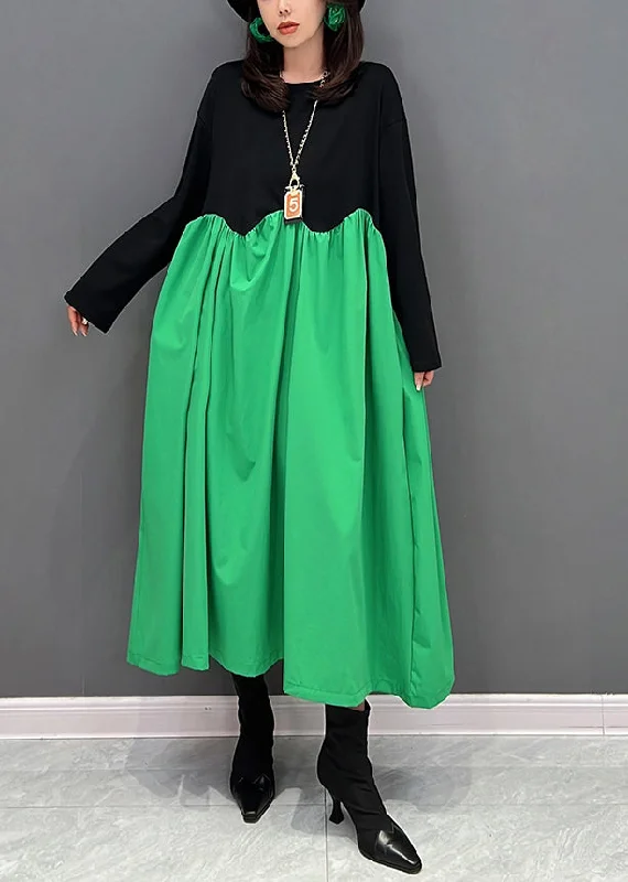 maxi dresses for casual FridaysLoose Green O-Neck Wrinkled Patchwork Maxi Dresses Winter