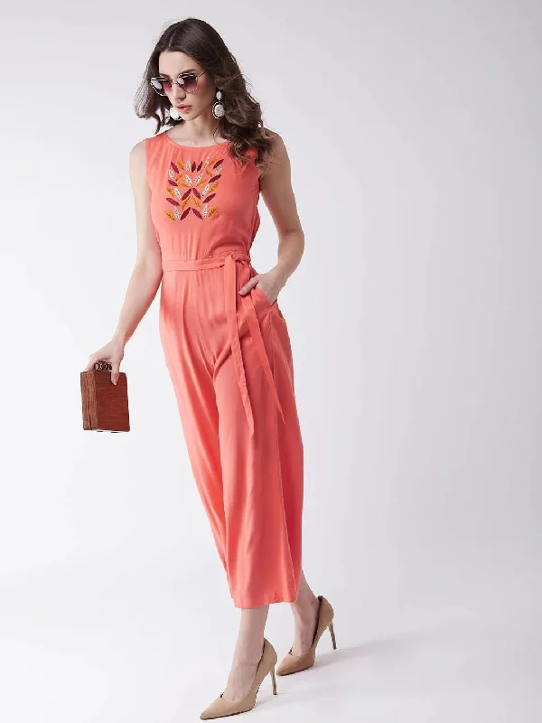 women's jumpsuits for statement fashionPANNKH Coral Embroidered Sleeveless Jumpsuit