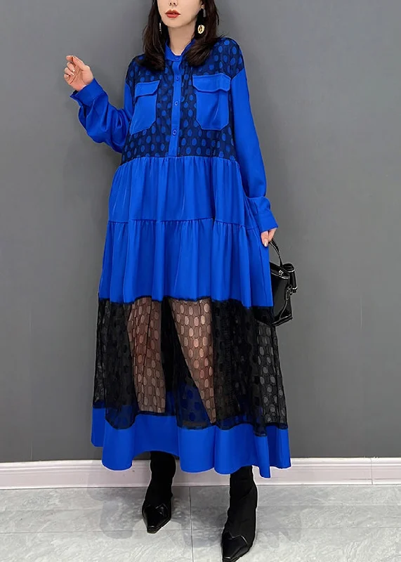 maxi dresses with buttonsVogue Blue O-Neck Dot Patchwork Wrinkled Tulle Maxi Dresses Fall