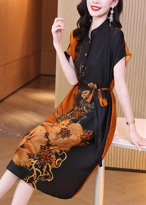 maxi dresses for destination weddingsSexy Casual O-Neck Print Button Tie Waist Silk Maxi Dresses Short Sleeve