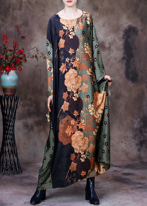 maxi dresses for black-tie eventsBohemian Green Print Silk Maxi Dress Batwing Sleeve