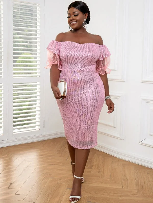 plus-size formal midi dressesAOMEI Strapless Lady Glitter Sequin Dress Midi Puff Sleeve