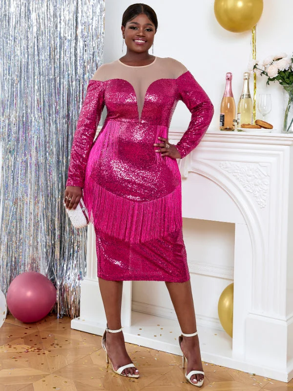 midi pencil dressesAOMEI Plus Size Fuchsia Sequin Tassel Dresses Midi