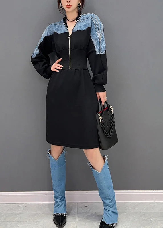 maxi dresses with A-line silhouettesSlim Fit Black V Neck Zippered Patchwork Denim Maxi Dresses Long Sleeve