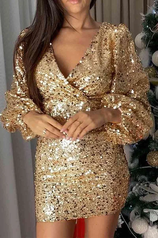 elegant Mimi dresses for weddingsLong Sleeve V-Neck Sequin Waisted Hip Mini Dress