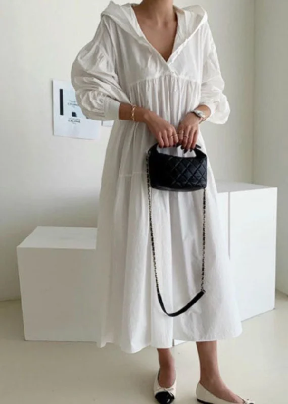 maxi dresses with long sleevesPlus Size White Hooded Patchwork Cotton Maxi Dress Spring