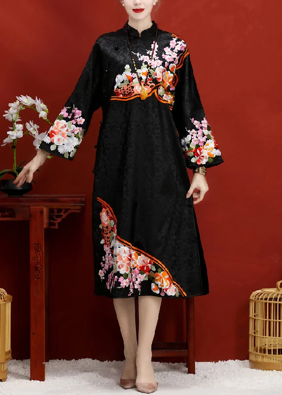 maxi dresses for pool partiesJacquard Black Embroideried Button Side Open Silk Maxi Dress Long Sleeve