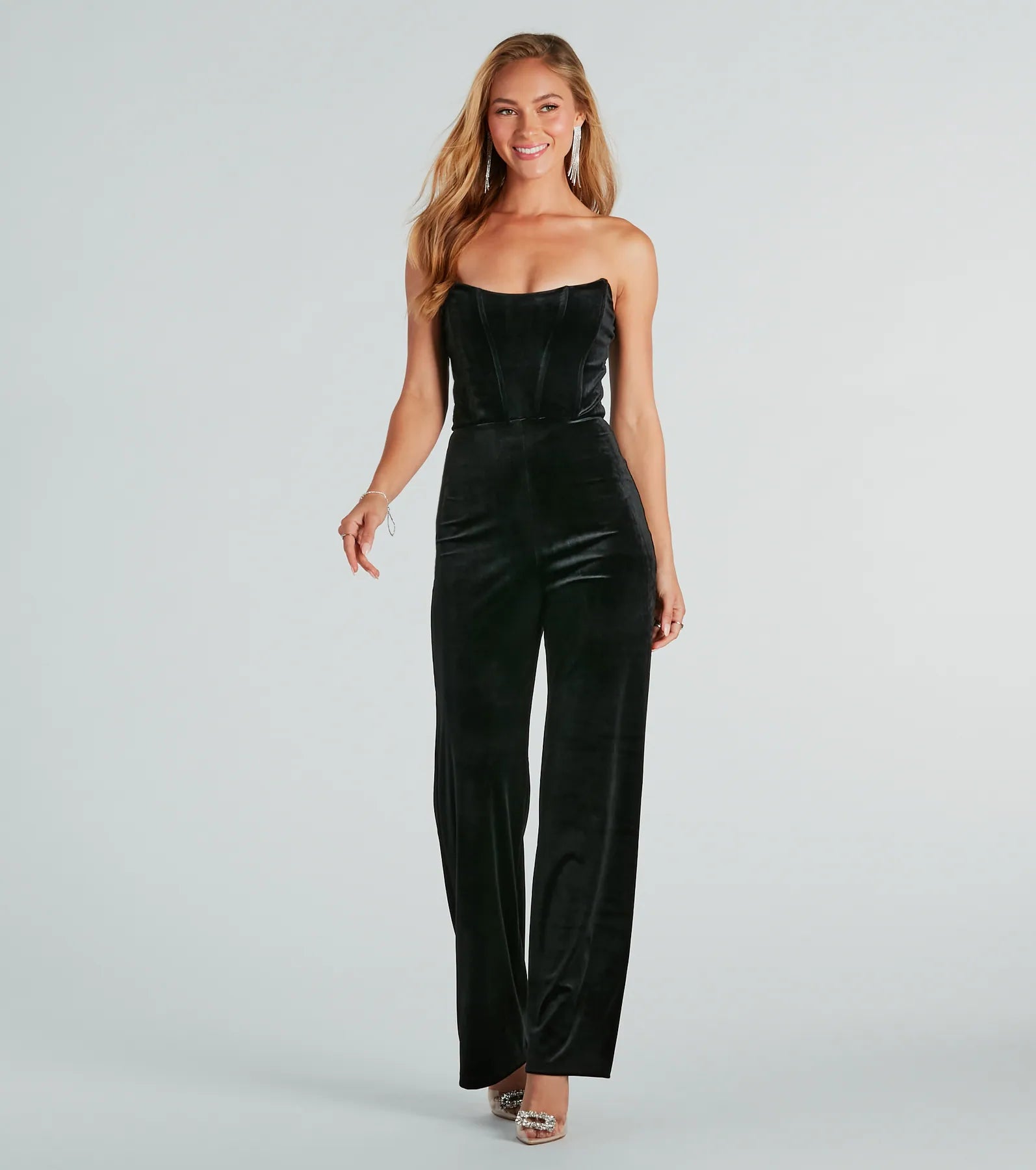 women's jumpsuits for date nightsShe's Luxe Velvet Corset Jumpsuit